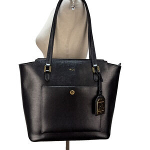 Ralph Lauren Newbury Modern Pocket Tote Shoulder Bag Black Textured Leather